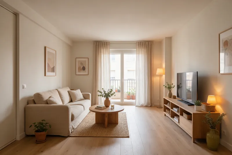 Salón rectangular con la puerta del balcón al fondo y el paso libre