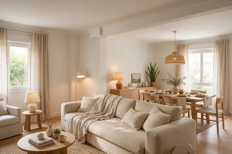 Salón-comedor en forma de L con dos zonas separadas por alfombra y luz